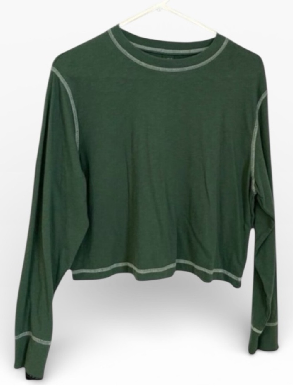 Wild Fable Cropped Long Sleeve Top Green Contrast Stitch XS